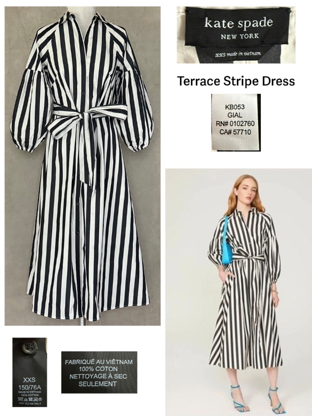 Kate Spade Terrace Stripe Dakota Dress Black Cream Midi XXS Excellent Condition